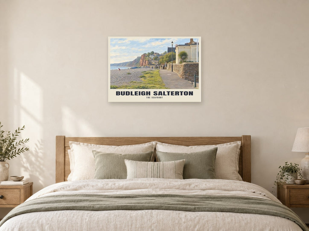 The Seafront, Budleigh Salterton Poster at A1, as a poster, above a bed