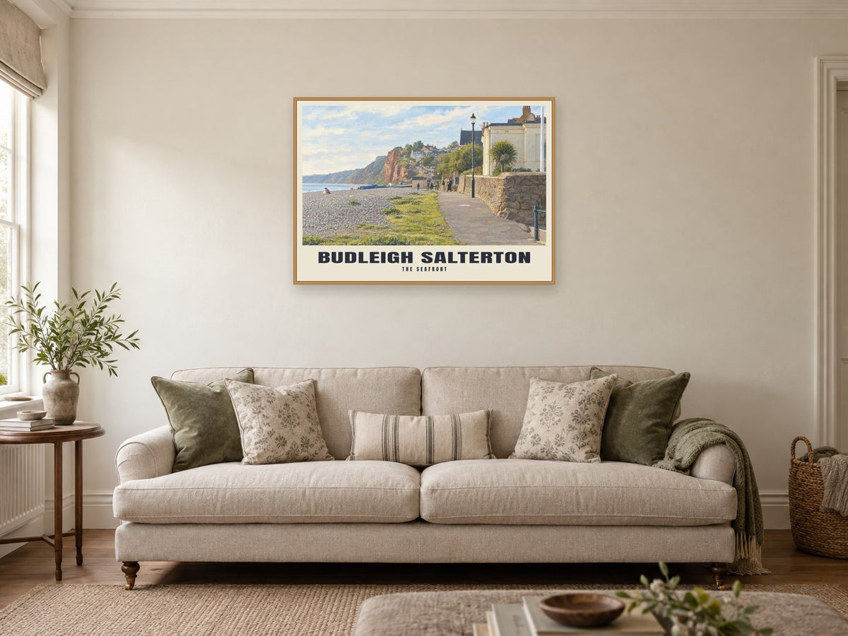 The Seafront, Budleigh Salterton Poster at A1, in a natural wood frame, in a sitting room