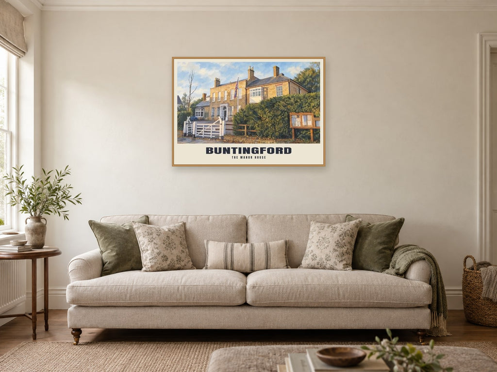 The Manor House, Buntingford Poster at A1, in a natural wood frame, in a sitting room