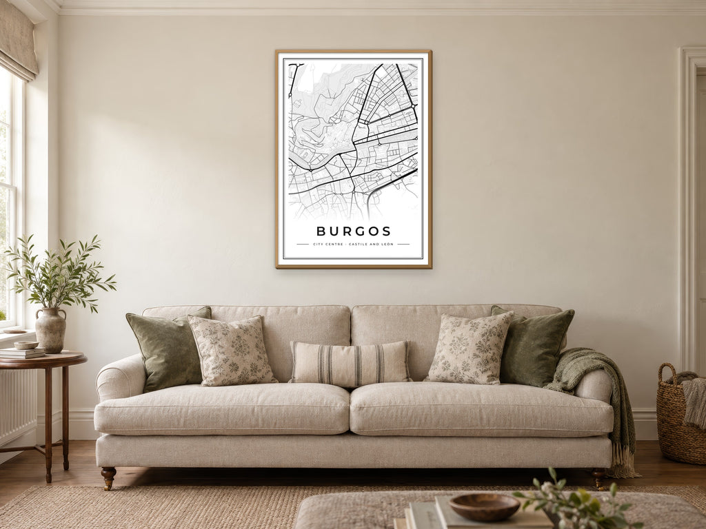 Burgos City Centre Street Map Poster at A1, in a natural wood frame, in a sitting room