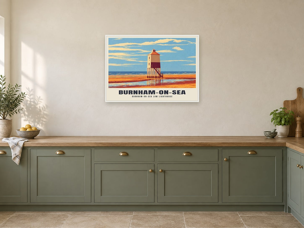 Burnham-on-Sea Low Lighthouse Poster at A1, in a white frame, in a kitchen