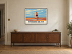 Burnham-on-Sea Low Lighthouse Poster at A1, in a black frame, above a sideboard