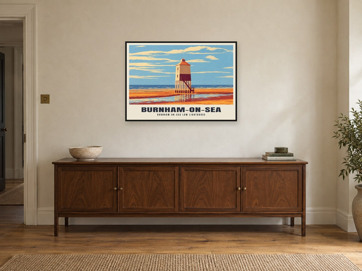 Burnham-on-Sea Low Lighthouse Poster at A1, in a black frame, above a sideboard