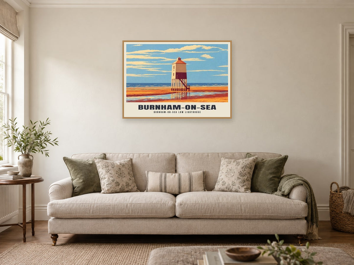 Burnham-on-Sea Low Lighthouse Poster at A1, in a natural wood frame, in a sitting room