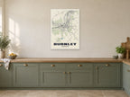 Burnley Street Map Poster at A1, in a white frame, in a kitchen