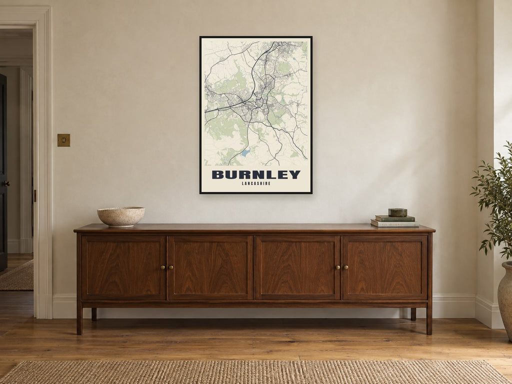 Burnley Street Map Poster at A1, in a black frame, above a sideboard