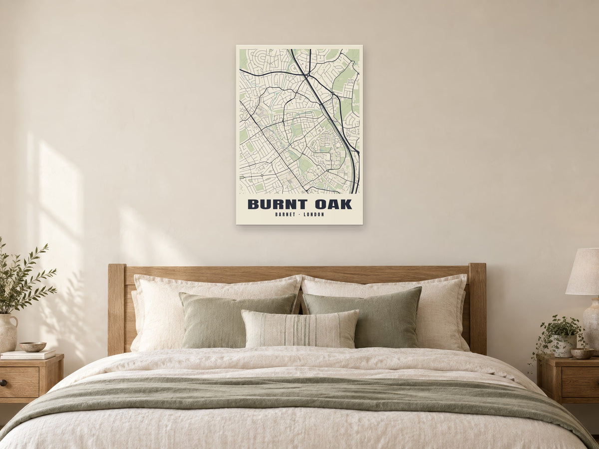 Burnt Oak Heritage Street Map Poster at A1, as a poster, above a bed