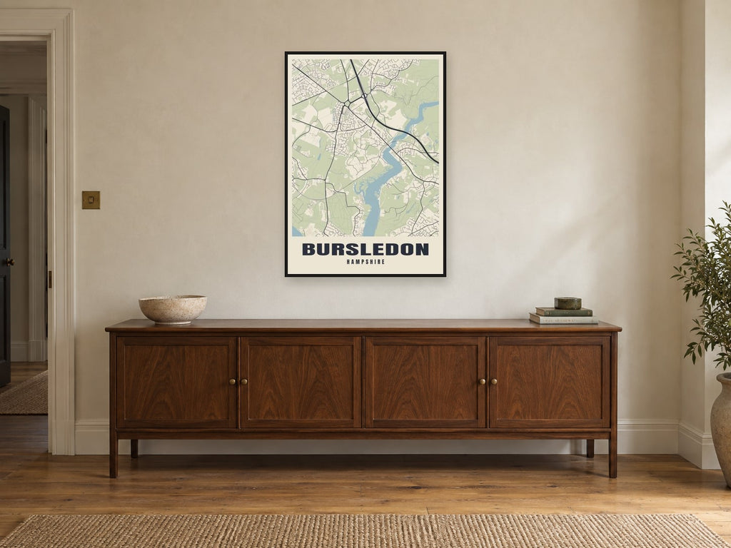 Bursledon Street Map Poster at A1, in a black frame, above a sideboard