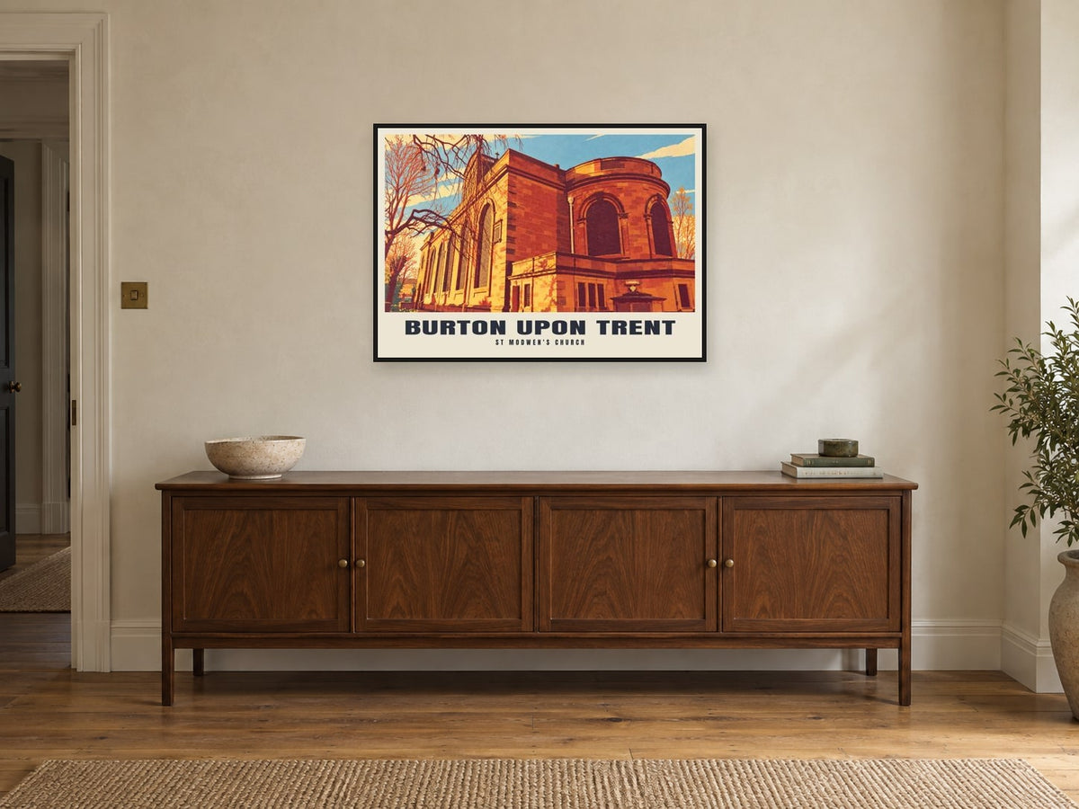 St Modwen's Church, Burton upon Trent Poster at A1, in a black frame, above a sideboard