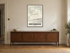 Burtonwood Street Map Poster at A1, in a black frame, above a sideboard