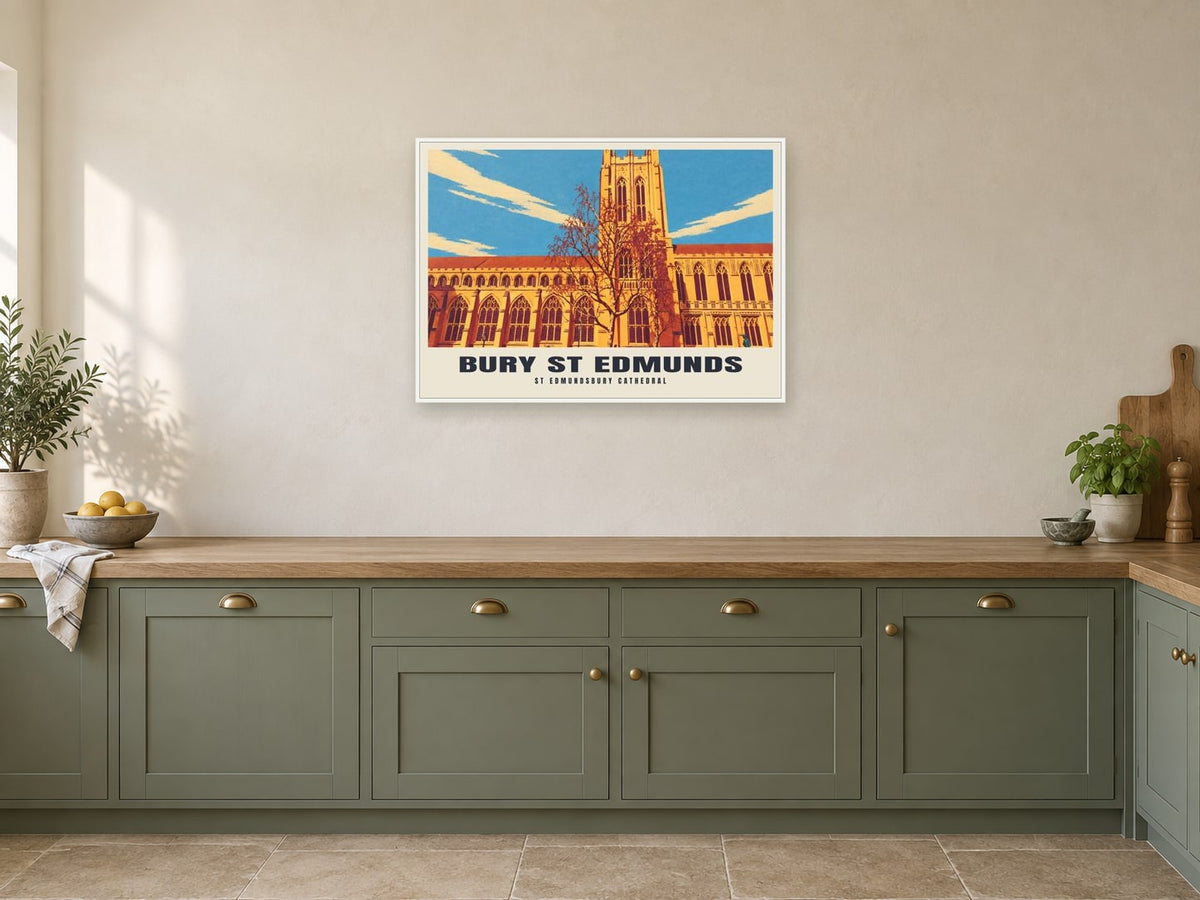 St Edmundsbury Cathedral, Bury St Edmunds Poster at A1, in a white frame, in a kitchen