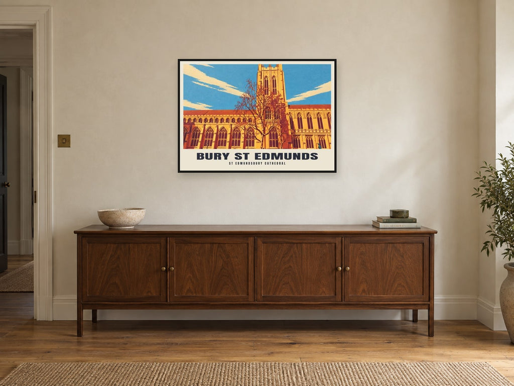 St Edmundsbury Cathedral, Bury St Edmunds Poster at A1, in a black frame, above a sideboard