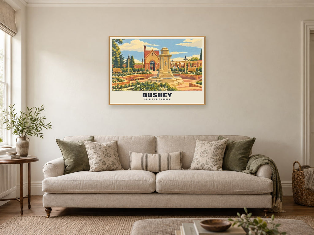 Bushey Rose Garden Poster at A1, in a natural wood frame, in a sitting room