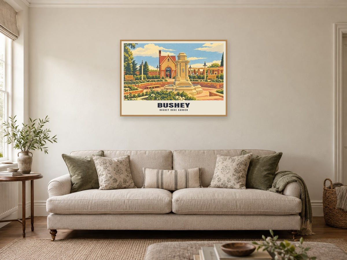 Bushey Rose Garden Poster at A1, in a natural wood frame, in a sitting room