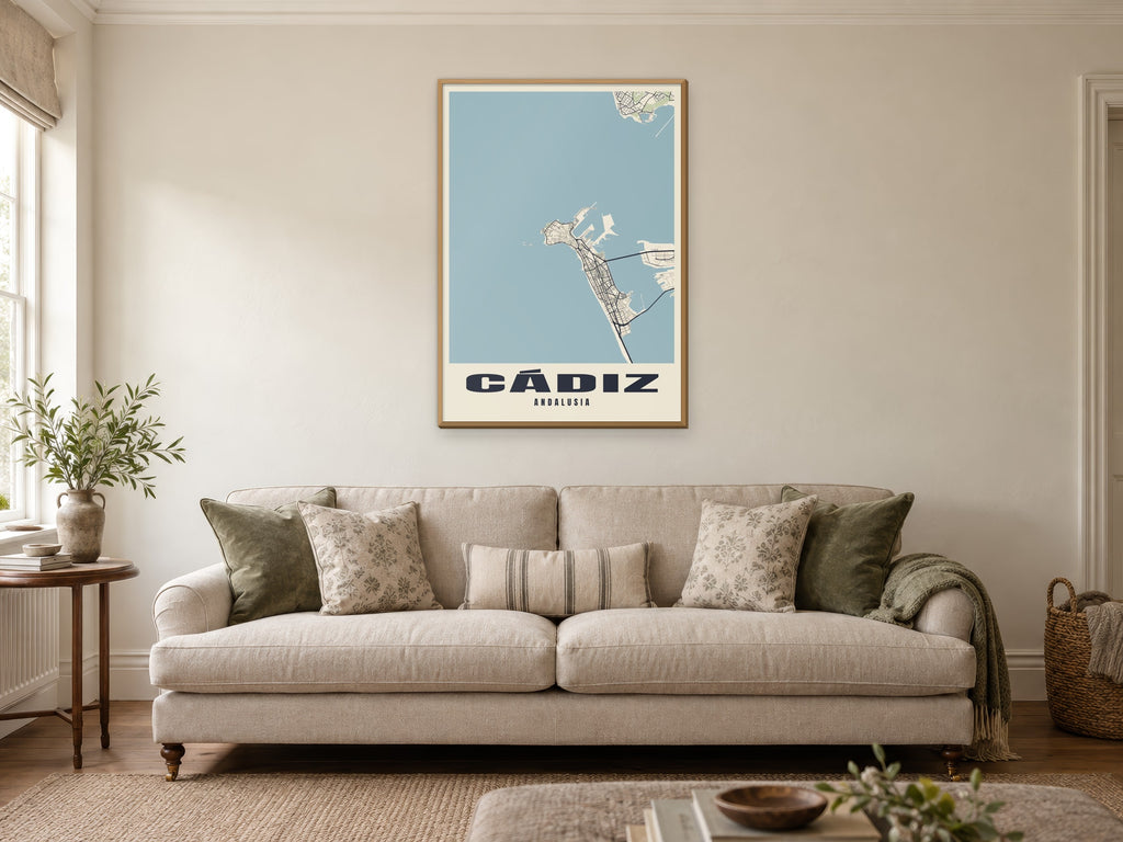 Cádiz Street Map Poster at A1, in a natural wood frame, in a sitting room