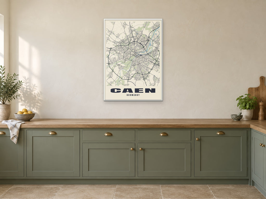 Caen Street Map Poster at A1, in a white frame, in a kitchen