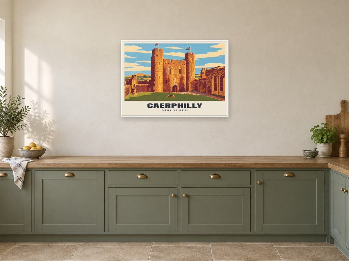Caerphilly Castle Poster at A1, in a white frame, in a kitchen