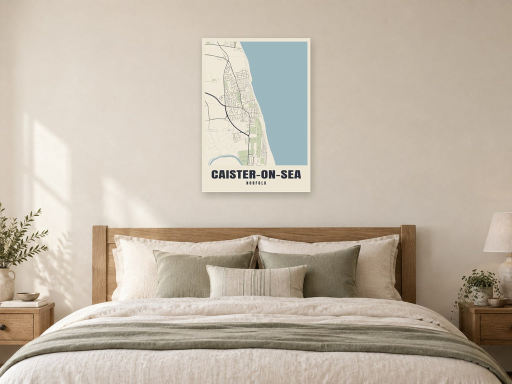 Caister-on-Sea Street Map Poster at A1, as a poster, above a bed