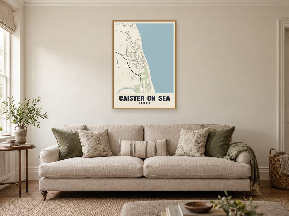 Caister-on-Sea Street Map Poster at A1, in a natural wood frame, in a sitting room
