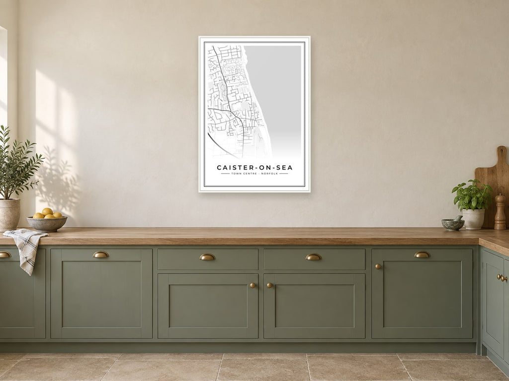 Caister-on-Sea Town Centre Street Map Poster at A1, in a white frame, in a kitchen