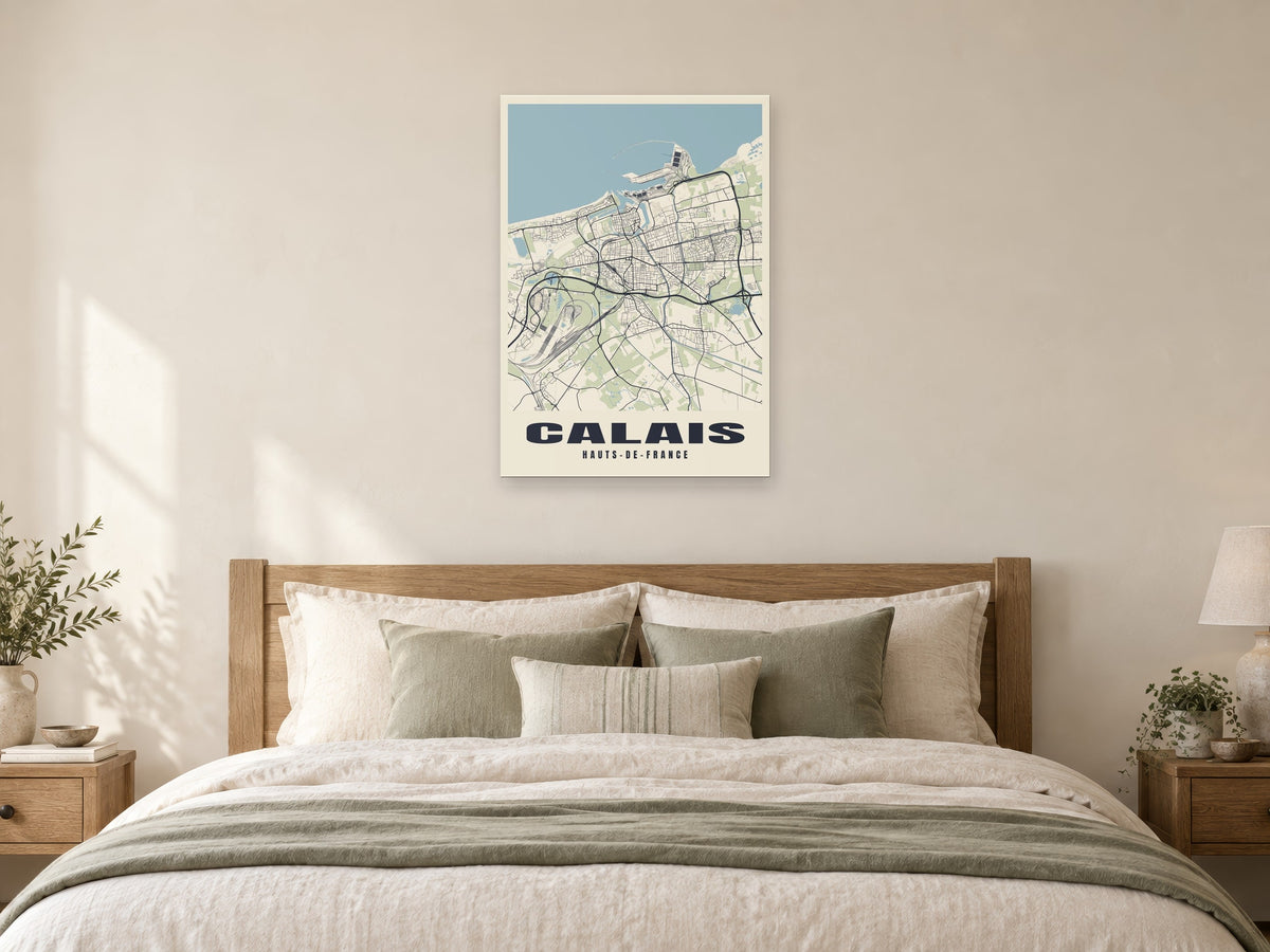Calais Street Map Poster at A1, as a poster, above a bed