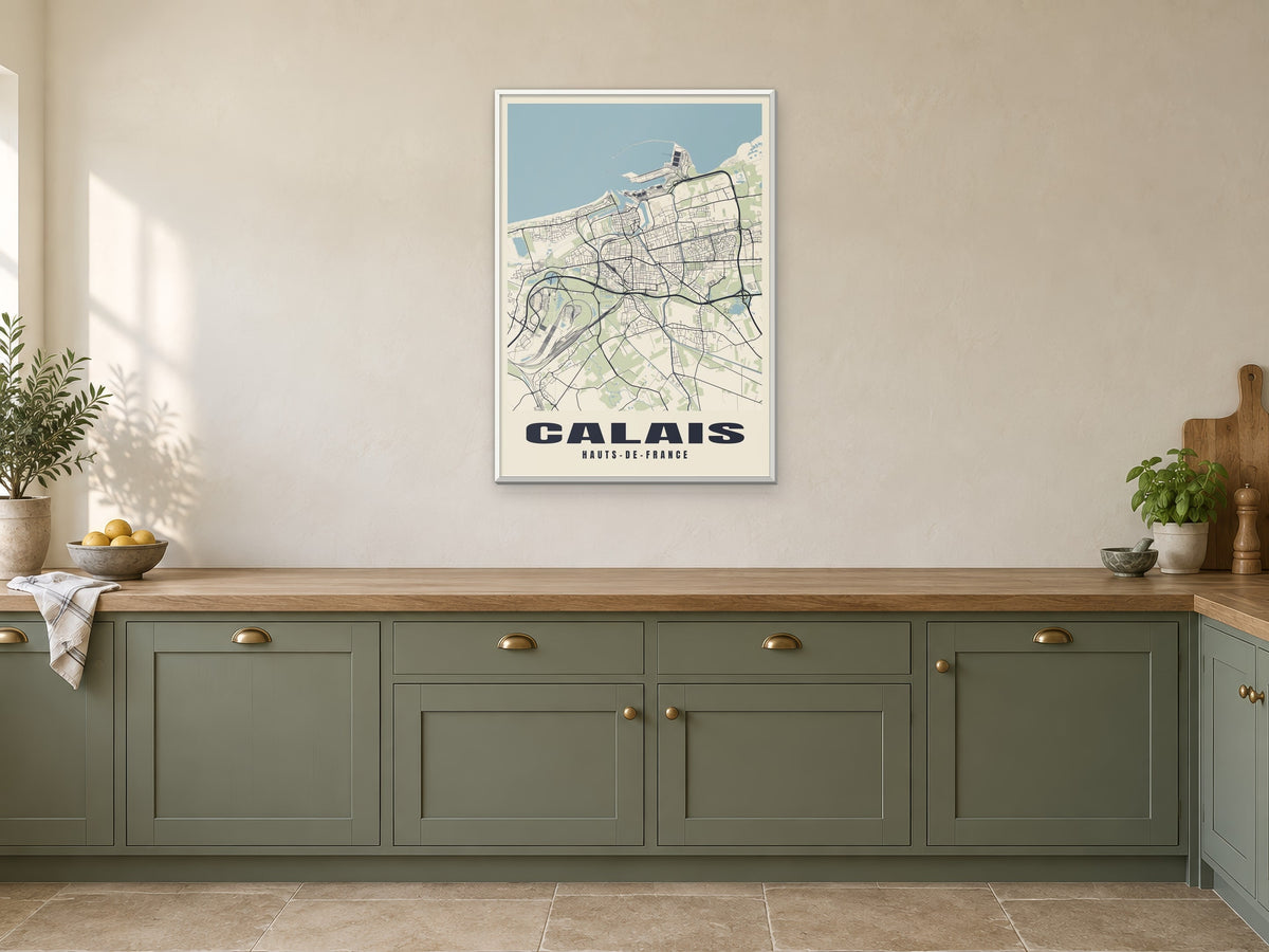 Calais Street Map Poster at A1, in a white frame, in a kitchen