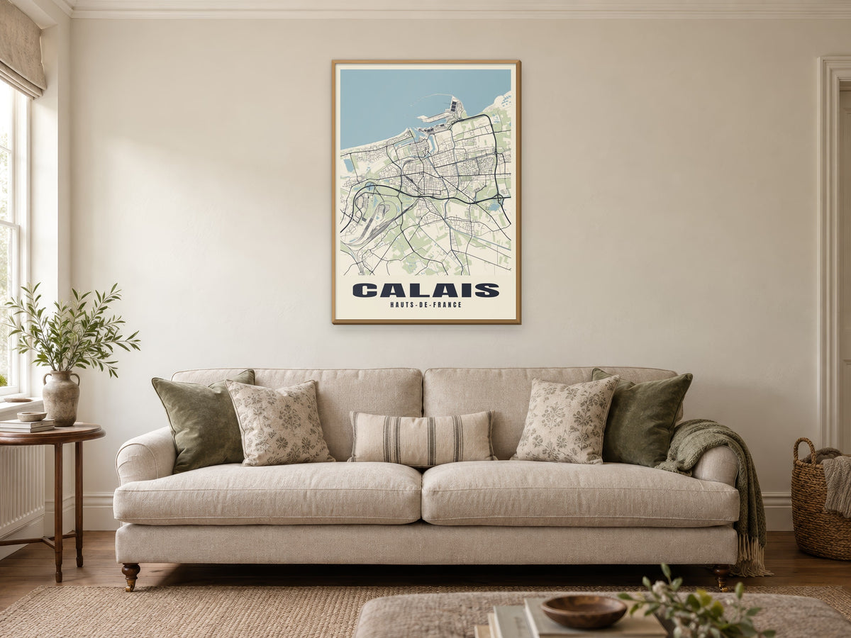 Calais Street Map Poster at A1, in a natural wood frame, in a sitting room