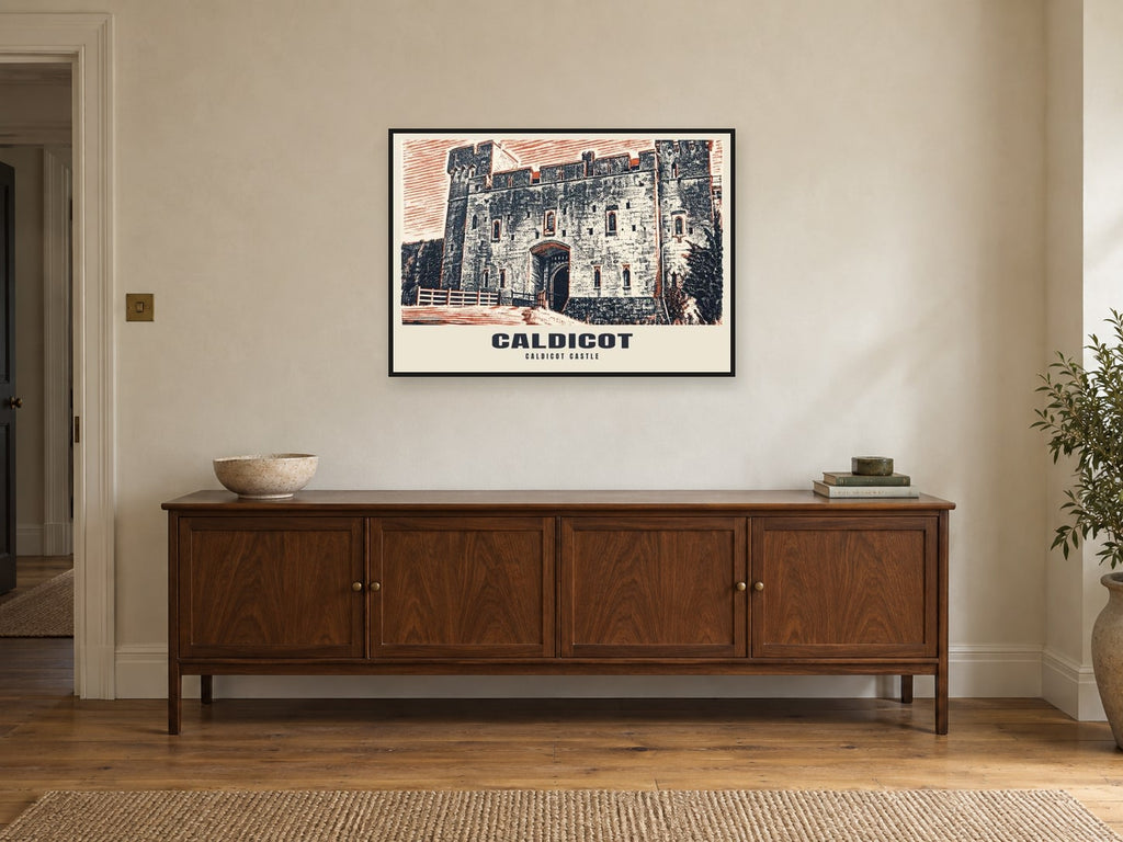 Caldicot Castle Poster at A1, in a black frame, above a sideboard