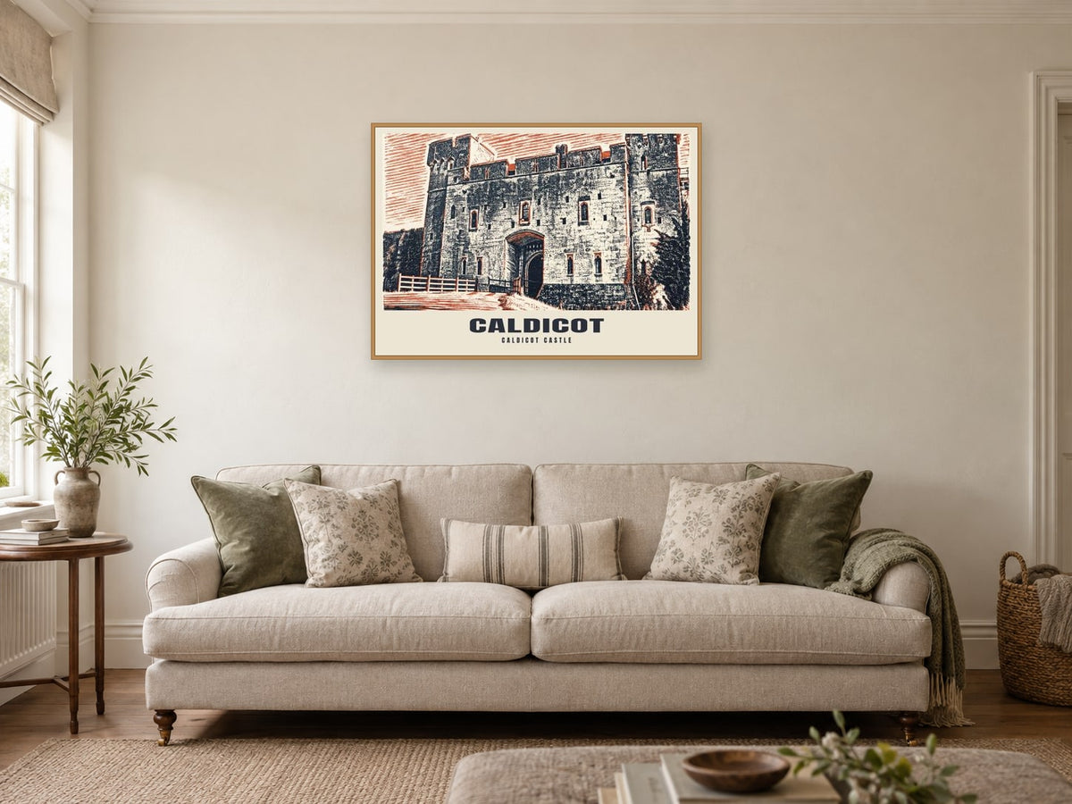 Caldicot Castle Poster at A1, in a natural wood frame, in a sitting room