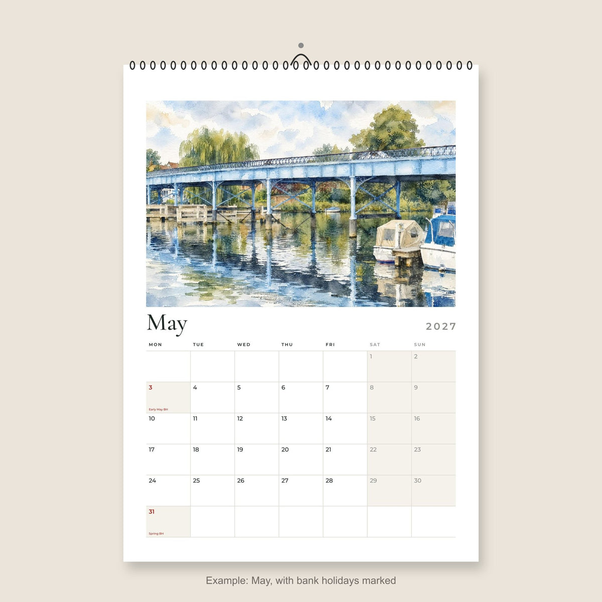 An example month page: a picture above the month, with UK bank holidays marked