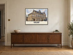 Calne Town Hall Poster at A1, in a black frame, above a sideboard