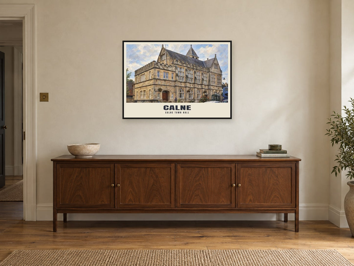Calne Town Hall Poster at A1, in a black frame, above a sideboard