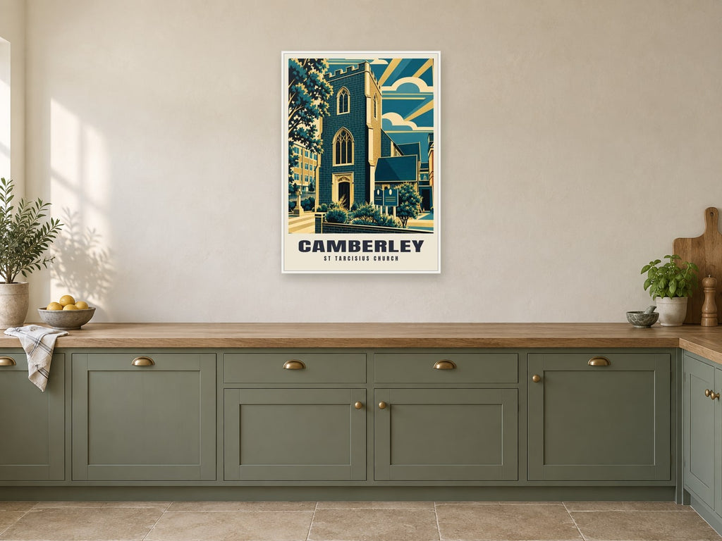 St Tarcisius Church, Camberley Poster at A1, in a white frame, in a kitchen