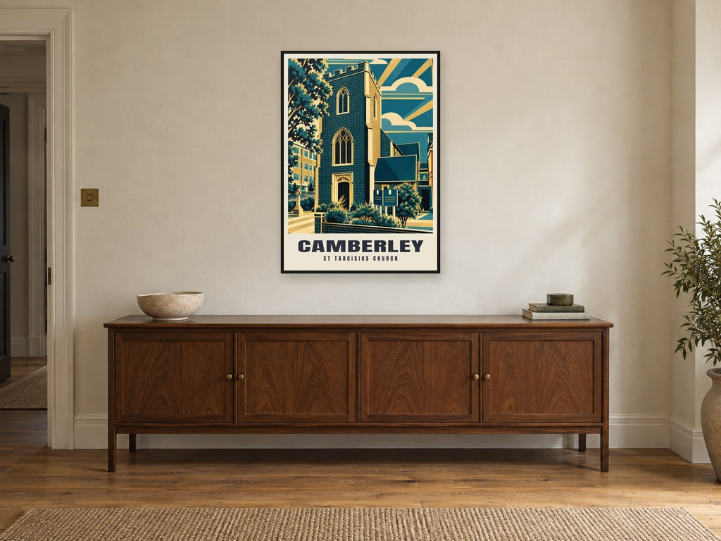 St Tarcisius Church, Camberley Poster at A1, in a black frame, above a sideboard