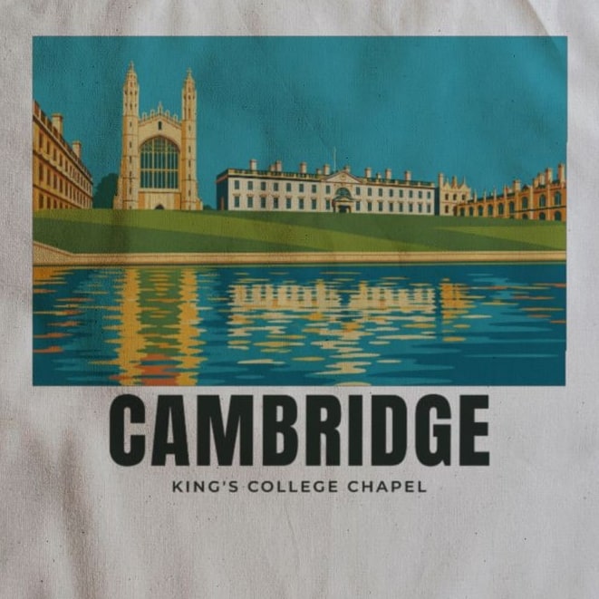 Close-up of the King's College Chapel, Cambridge drawing and lettering printed on natural cotton