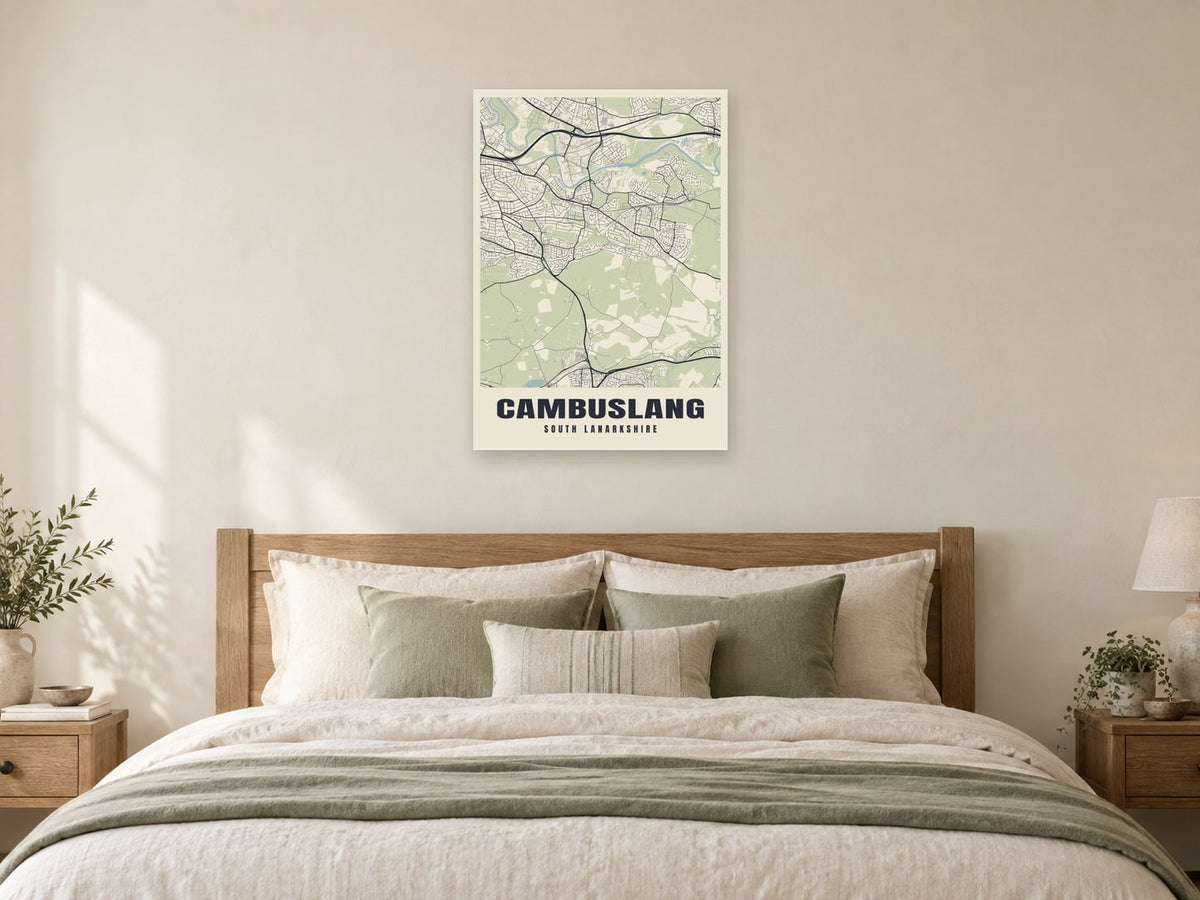 Cambuslang Street Map Poster at A1, as a poster, above a bed