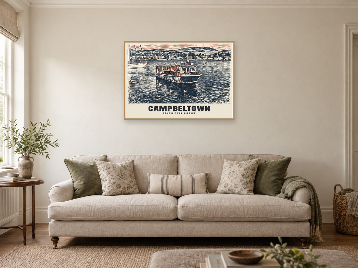 Campbeltown Harbour Poster at A1, in a natural wood frame, in a sitting room