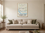 Canning Town Heritage Street Map Poster at A1, in a natural wood frame, in a sitting room