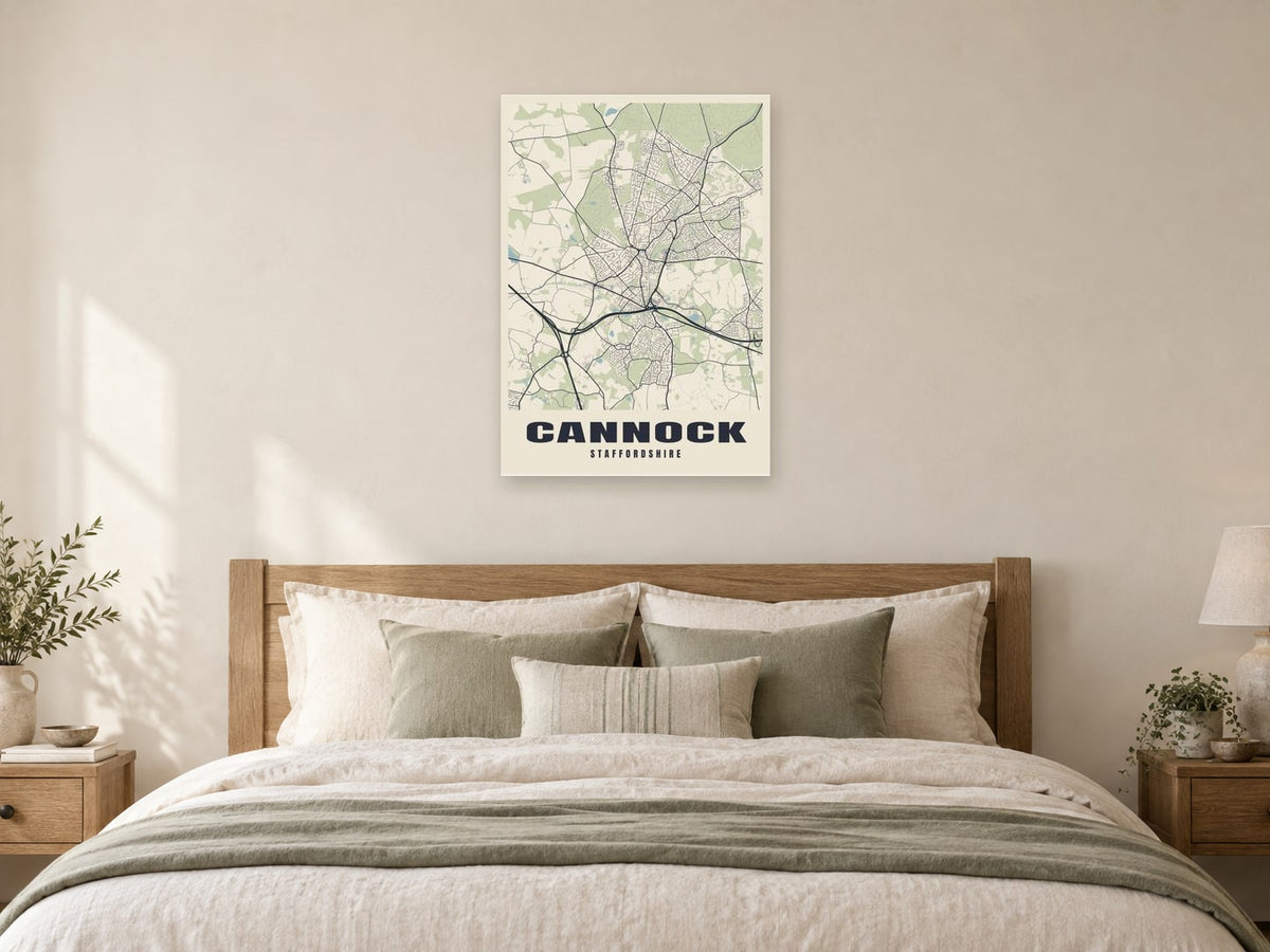 Cannock Street Map Poster at A1, as a poster, above a bed