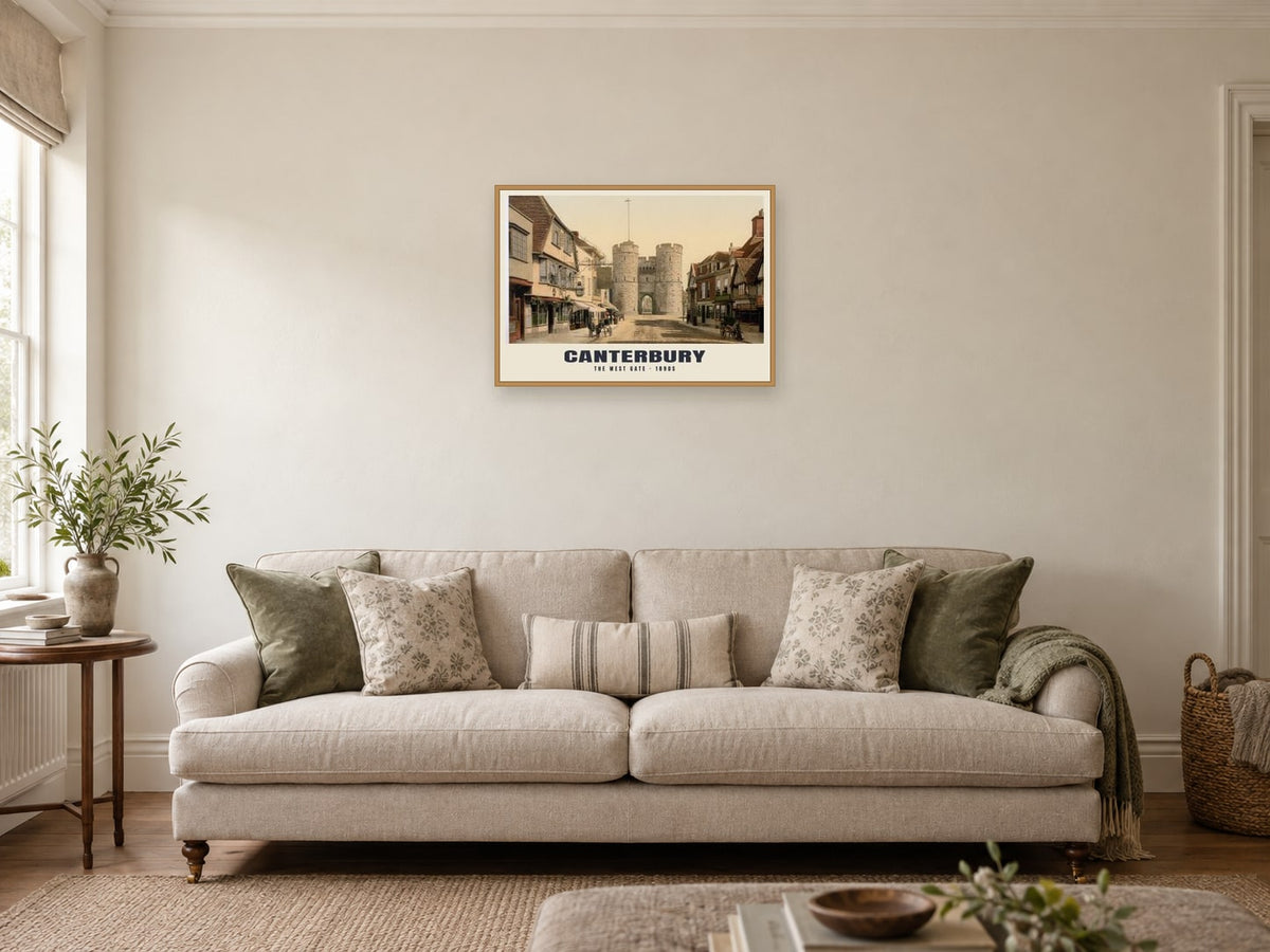 The West Gate, Canterbury Poster at A2, in a natural wood frame, in a sitting room