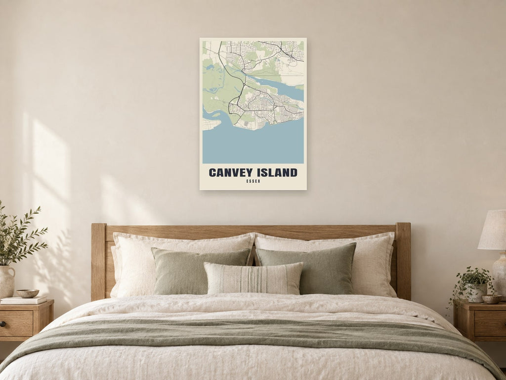 Canvey Island Street Map Poster at A1, as a poster, above a bed