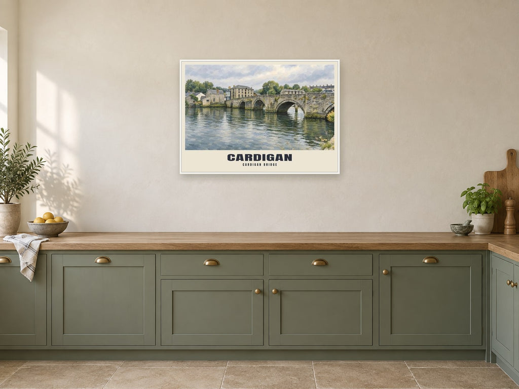 Cardigan Bridge Poster at A1, in a white frame, in a kitchen