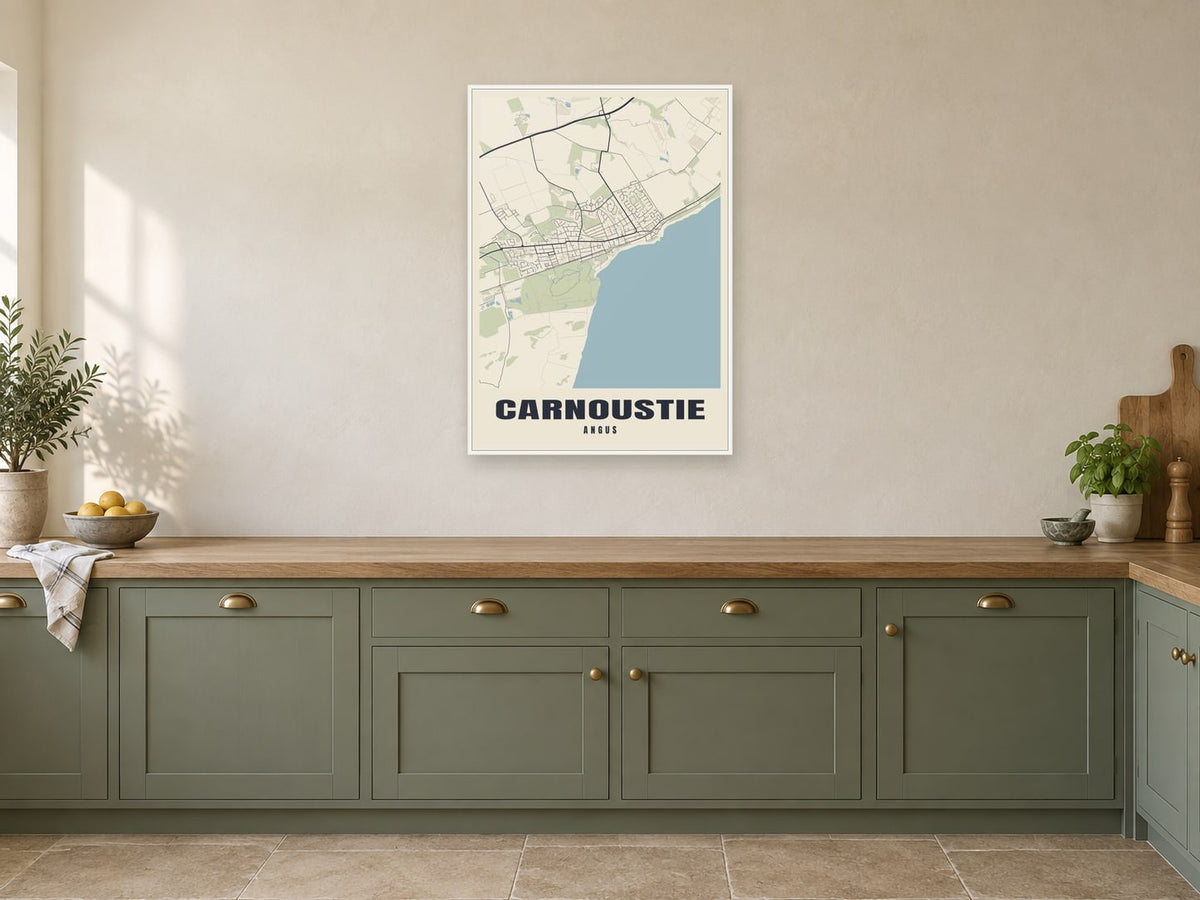 Carnoustie Street Map Poster at A1, in a white frame, in a kitchen