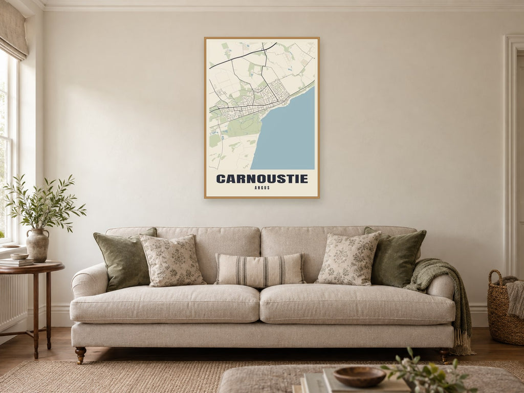 Carnoustie Street Map Poster at A1, in a natural wood frame, in a sitting room