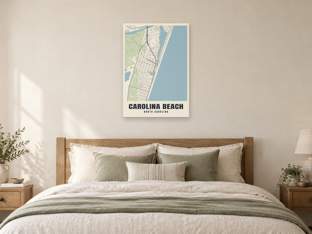 Carolina Beach Street Map Poster at A1, as a poster, above a bed
