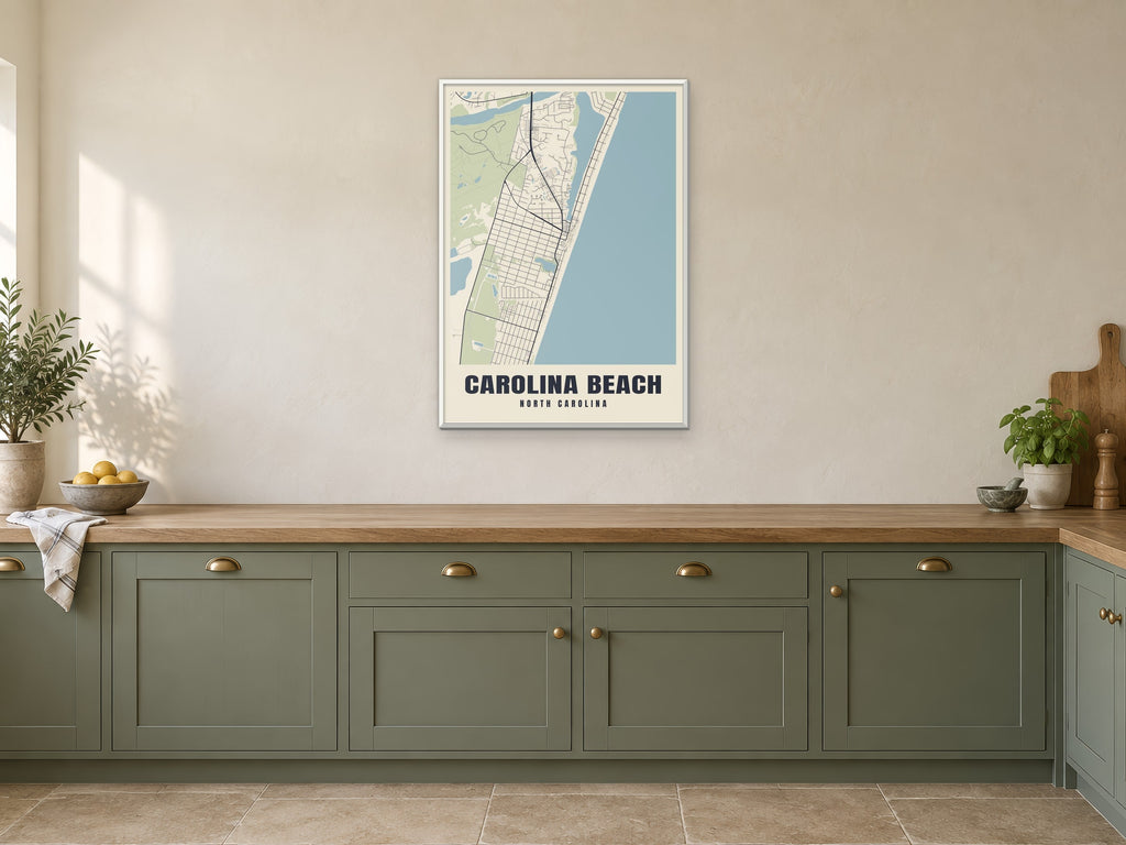 Carolina Beach Street Map Poster at A1, in a white frame, in a kitchen