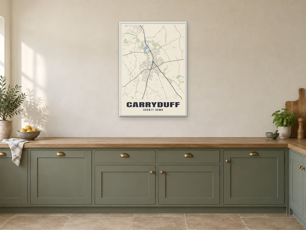 Carryduff Street Map Poster at A1, in a white frame, in a kitchen