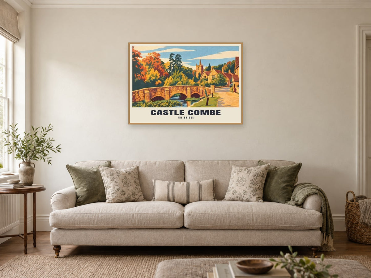 The Bridge, Castle Combe Poster at A1, in a natural wood frame, in a sitting room