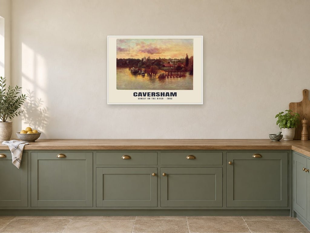 Sunset on the river, Caversham, 1903 Heritage Print at A1, in a white frame, in a kitchen