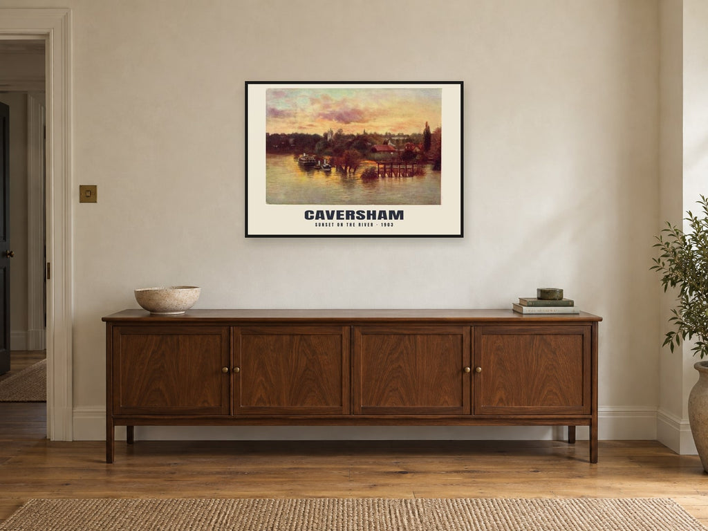 Sunset on the river, Caversham, 1903 Heritage Print at A1, in a black frame, above a sideboard